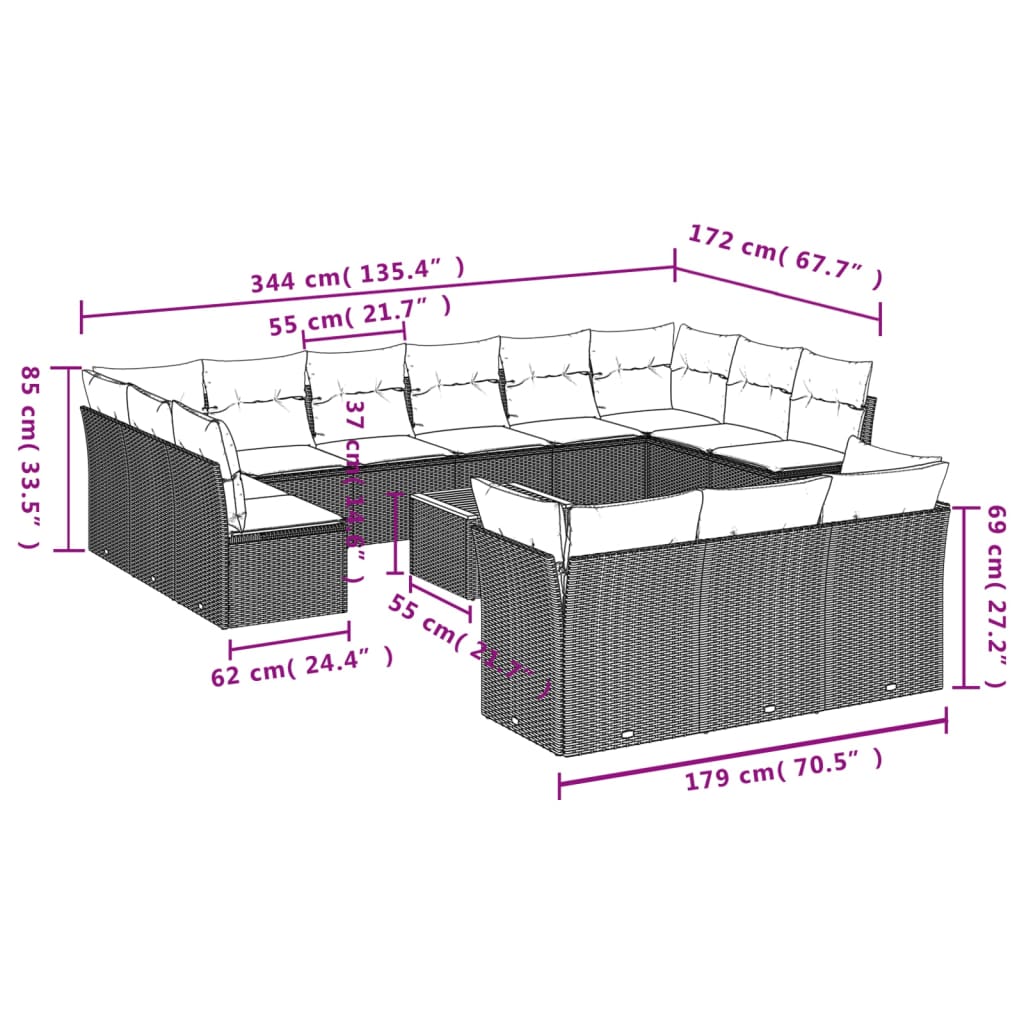 vidaXL Set Divano da Giardino 14 pz con Cuscini Beige Misto Polyrattan