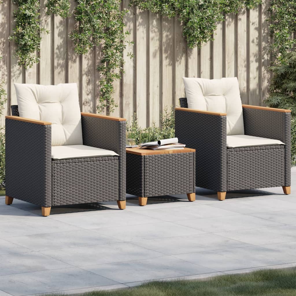 vidaXL Set da Bistrò 3 pz con Cuscini Nero Polyrattan e Legno Acacia