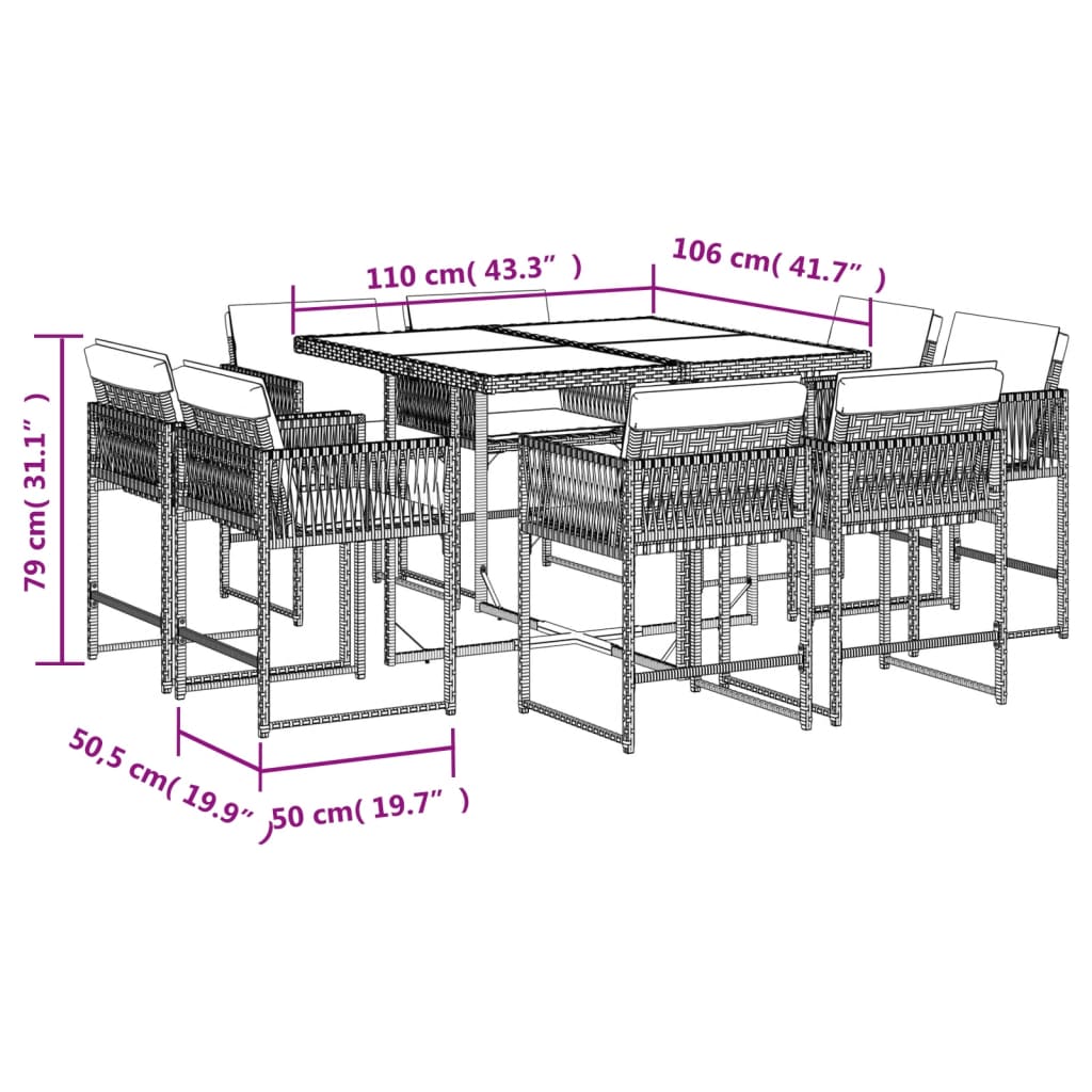 vidaXL Set da Pranzo da Giardino 9 pz con Cuscini in Polyrattan Grigio