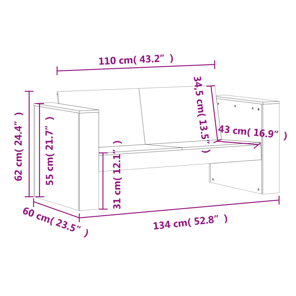 vidaXL Divano da Giardino 2 Posti 134x60x62 cm Legno Massello Douglas