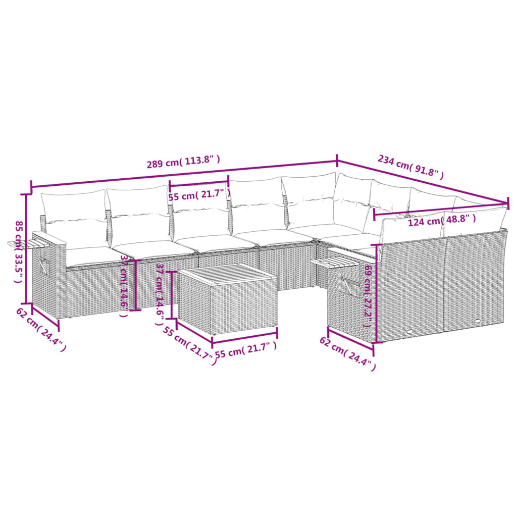 vidaXL Set Divano da Giardino 10 pz con Cuscini Grigio in Polyrattan