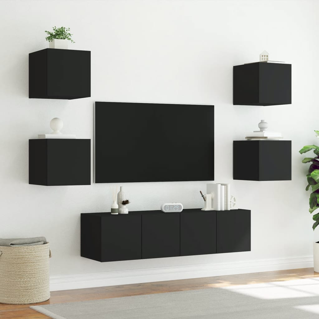 vidaXL Mobili TV a Muro con LED 6pz Neri in Legno Multistrato