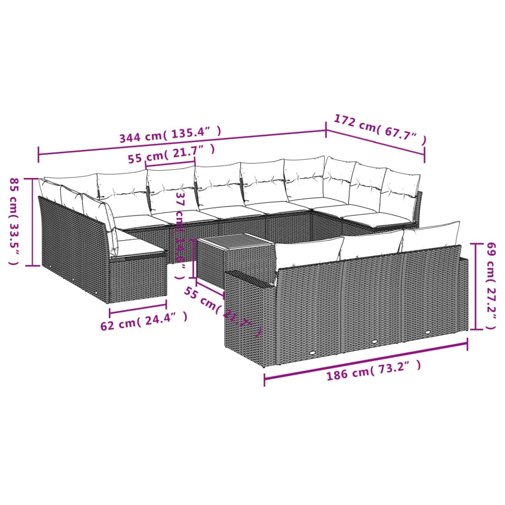 vidaXL Set Divani da Giardino 14pz con Cuscini in Polyrattan Nero