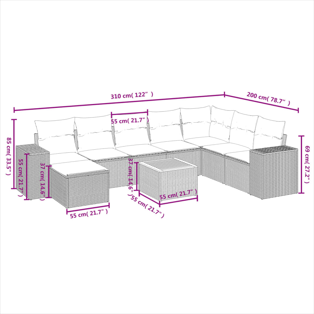 vidaXL Set Divani da Giardino 9 pz con Cuscini Nero in Polyrattan