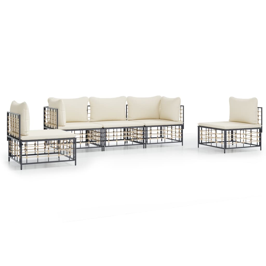 vidaXL Set Divani da Giardino 5 pz con Cuscini Antracite in Polyrattan