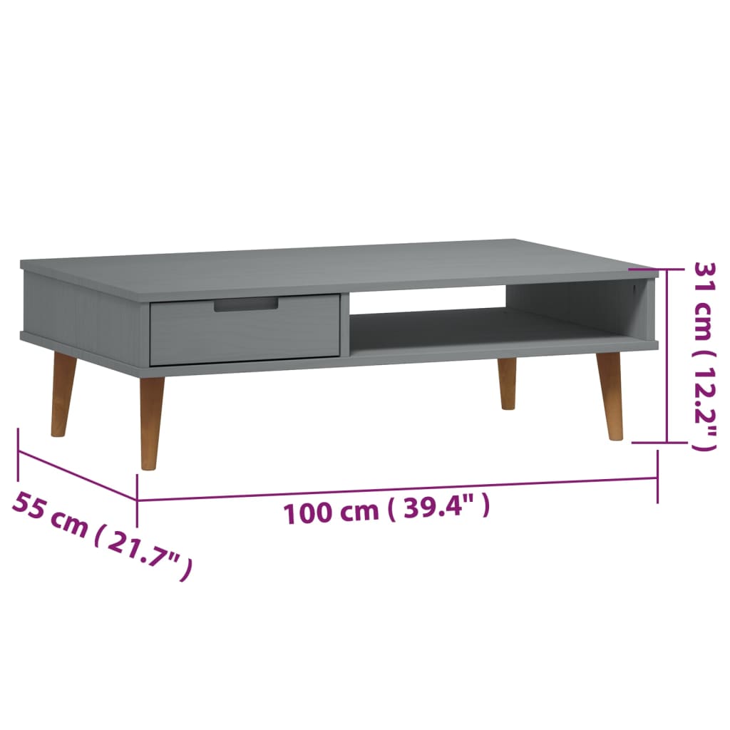 vidaXL Tavolino MOLDE Grigio 100x55x31 cm in Legno Massello di Pino