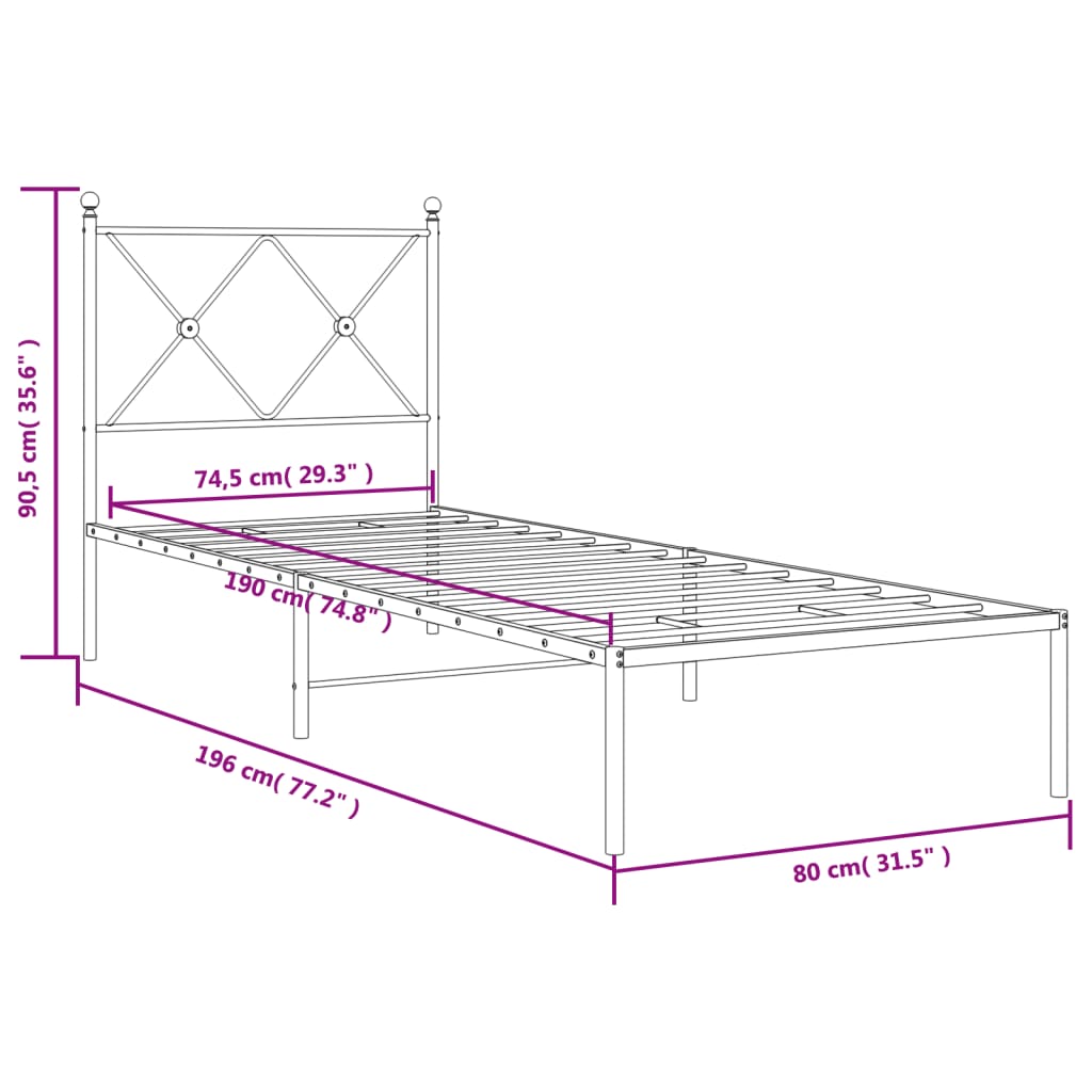 vidaXL Giroletto senza Materaso con Testiera Metallo Bianco 75x190 cm