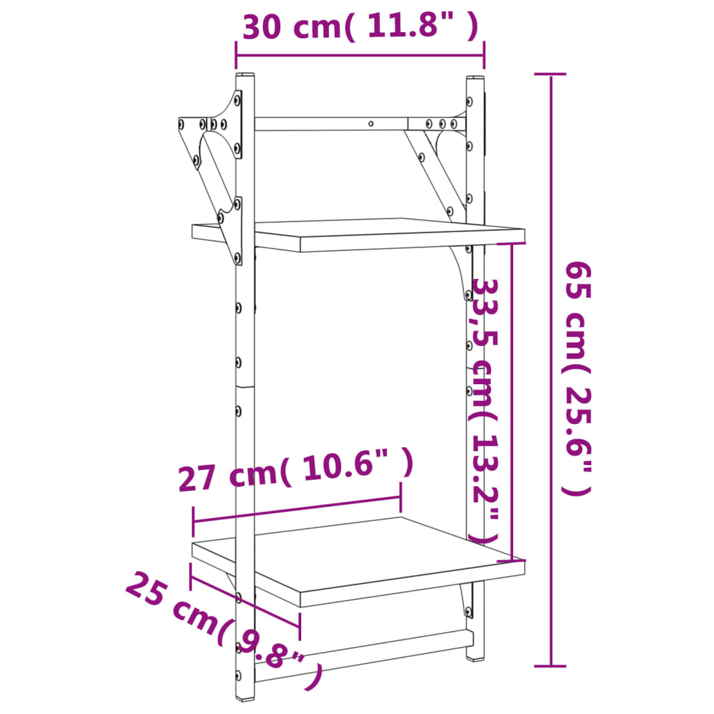 vidaXL Mensole a Parete con Aste 2pz Rovere Fumo 30x25x65 cm