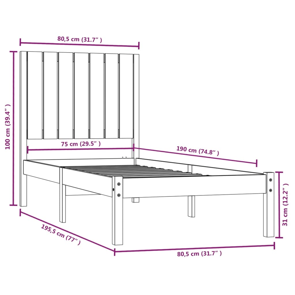 vidaXL Giroletto Marrone Ambra in Legno Massello 75x190cm Small Single