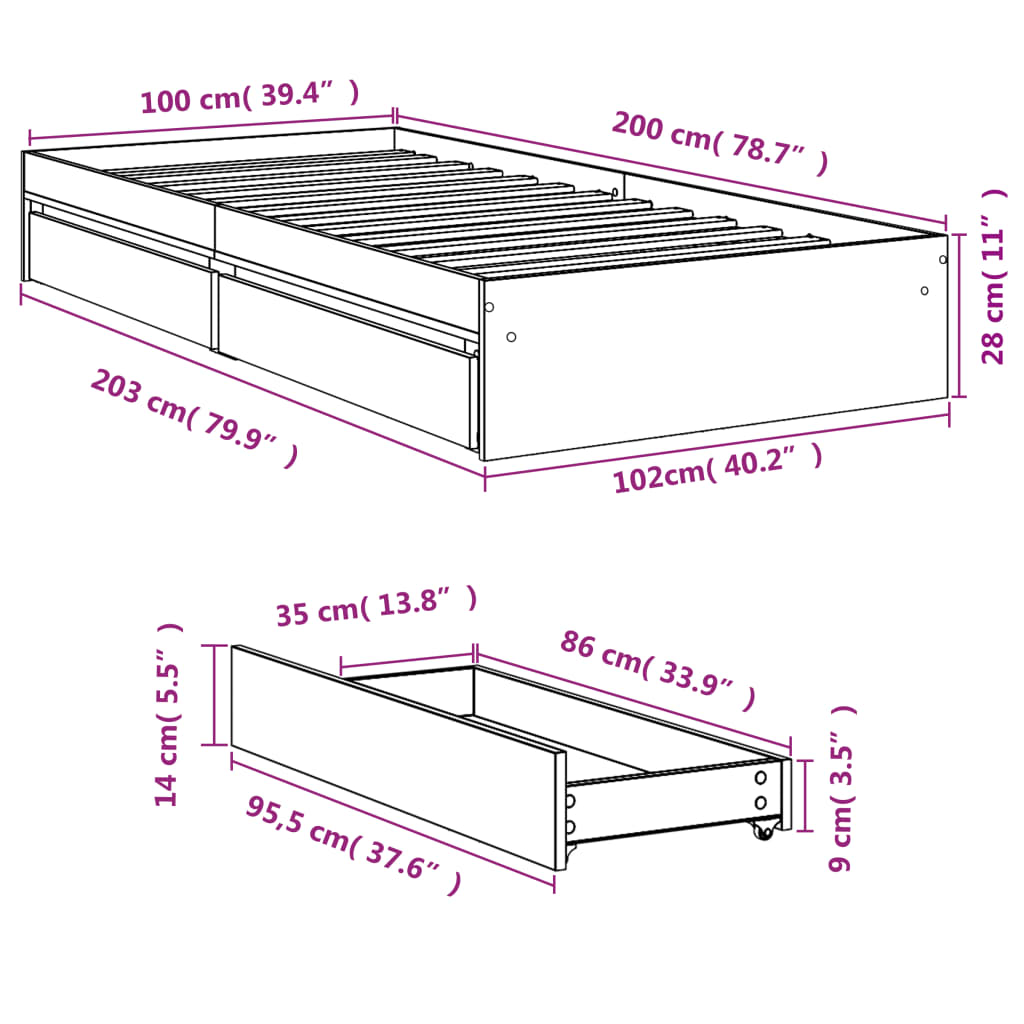 vidaXL Giroletto Cassetti Grigio Sonoma 100x200 cm Legno Multistrato