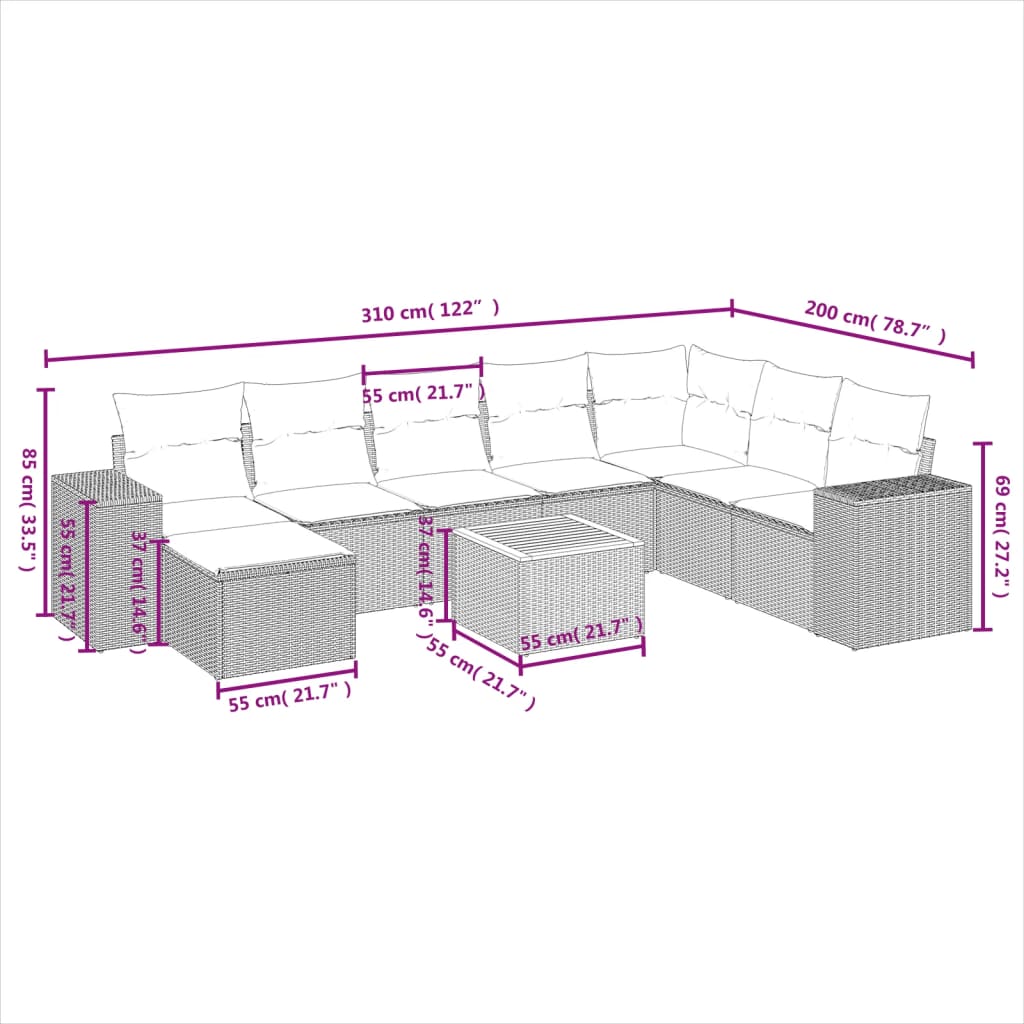 vidaXL Set Divano da Giardino 9 pz con Cuscini Grigio in Polyrattan