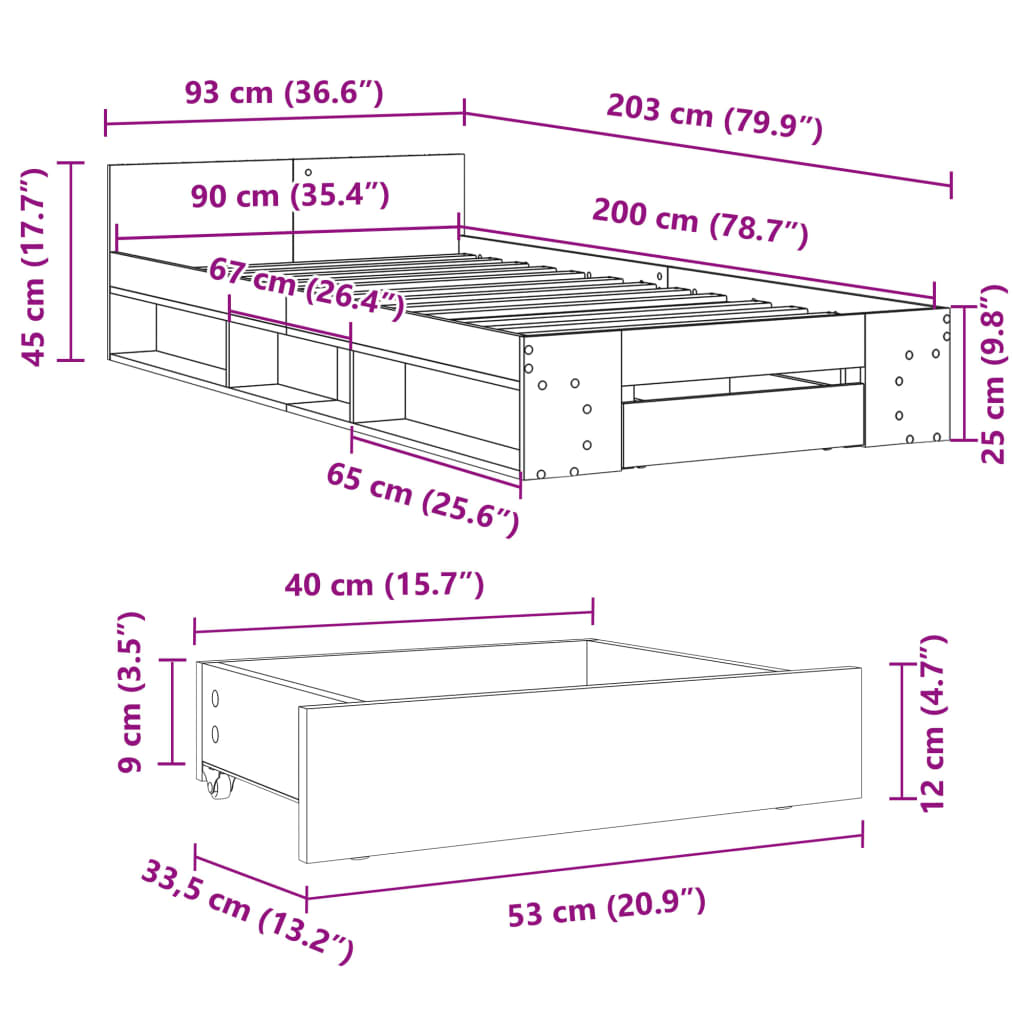 vidaXL Giroletto Cassetto Rovere Sonoma 90x200 cm Legno Multistrato