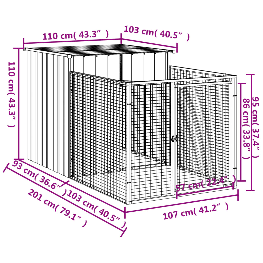 vidaXL Casetta Cani con Corsa Antracite 110x201x110 cm Acciaio Zincato