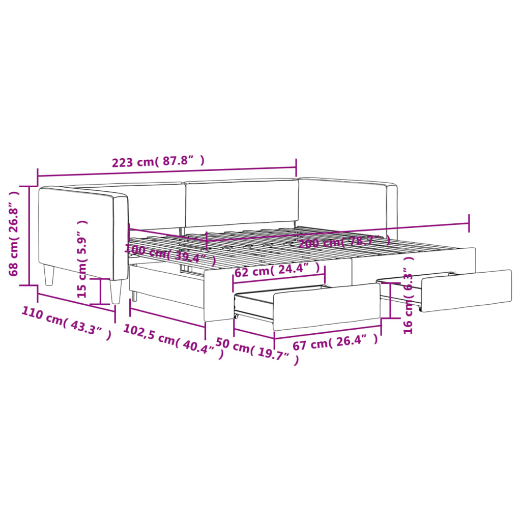vidaXL Divano Letto Estraibile con Cassetti Nero 100x200 cm in Tessuto