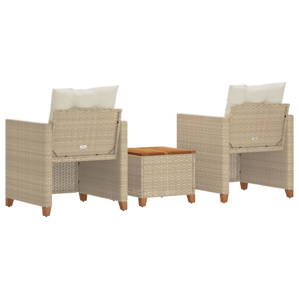 vidaXL Set da Bistrò 3 pz con Cuscini Beige Polyrattan e Legno Acacia