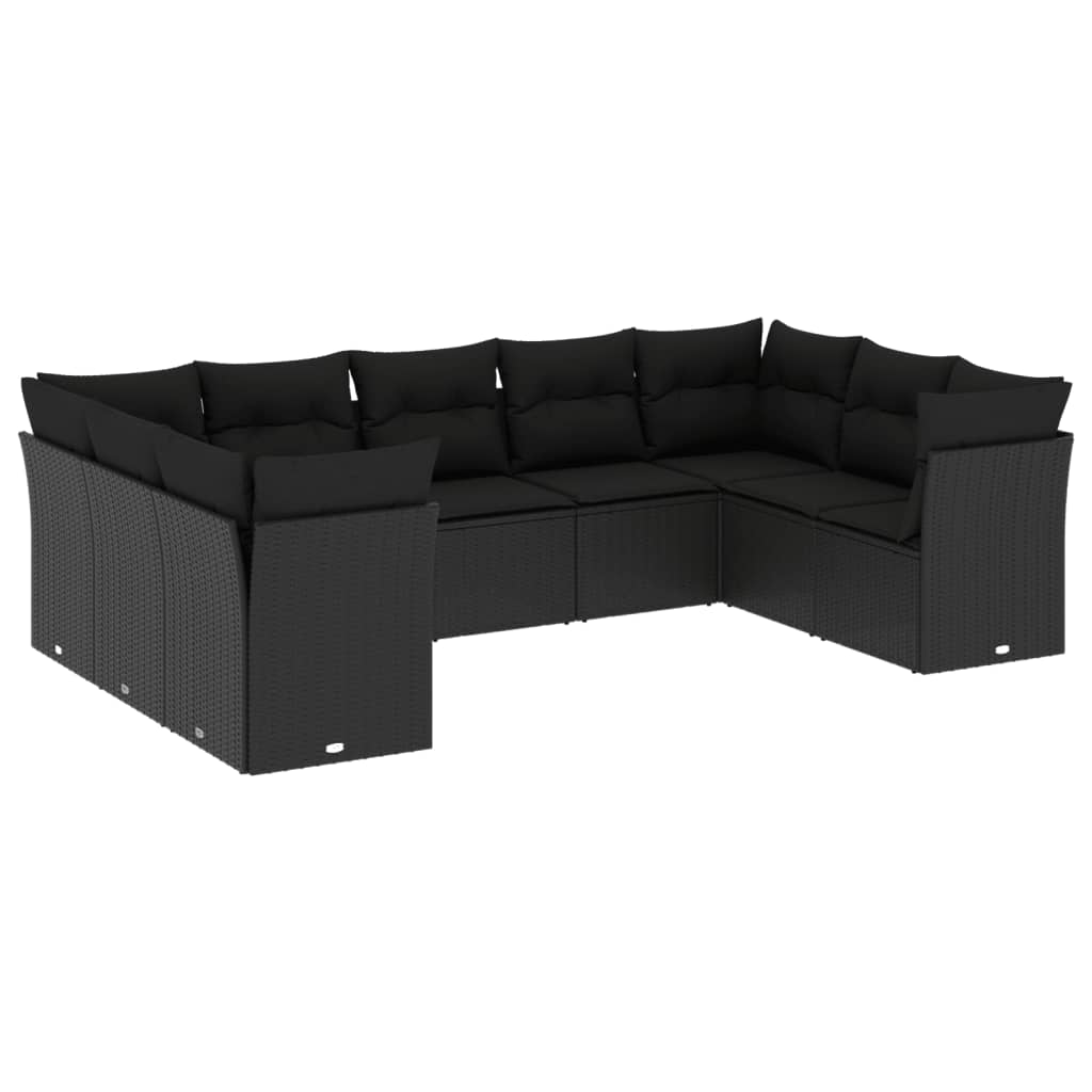 vidaXL Set Divani da Giardino 9 pz con Cuscini Nero in Polyrattan