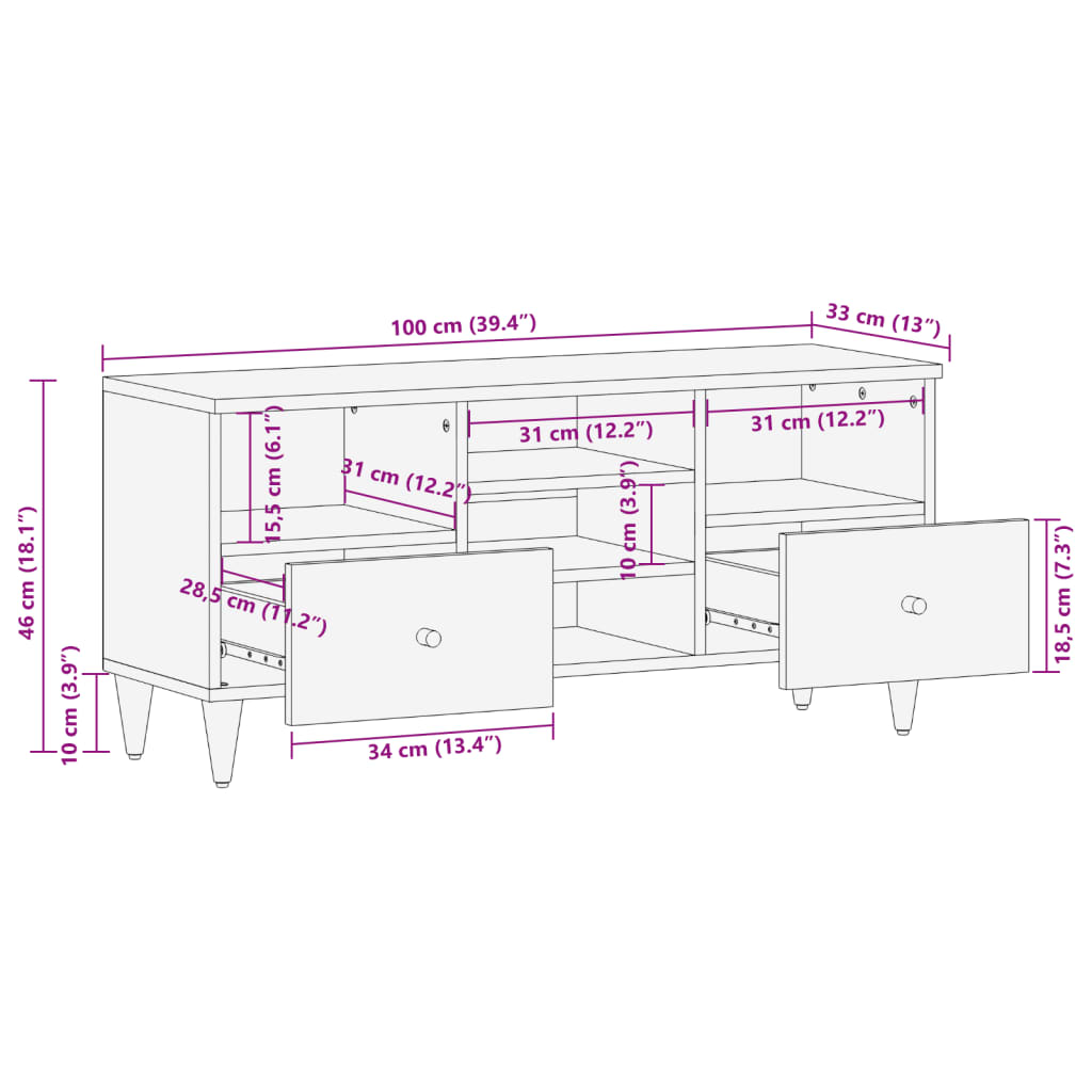 vidaXL Mobile Porta TV 100x33x46 cm in Legno Massello di Mango