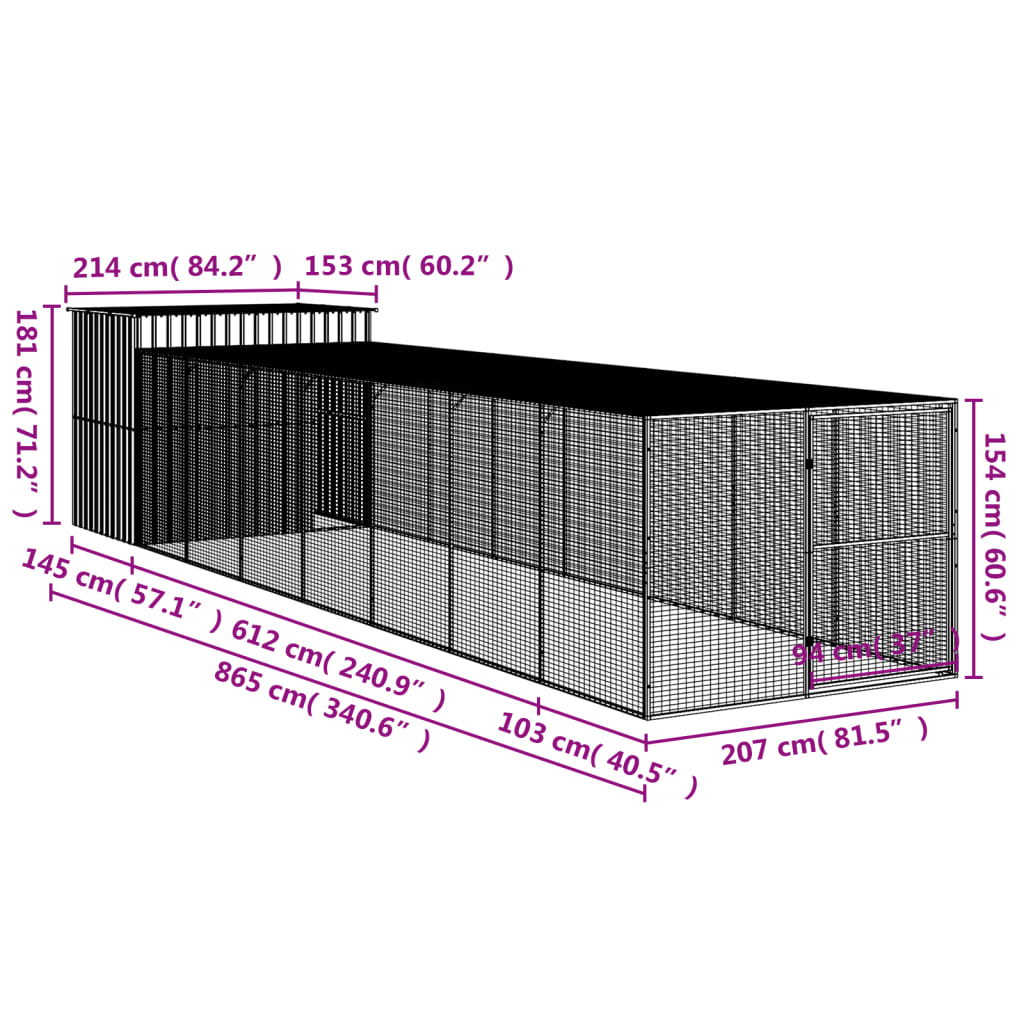 vidaXL Casetta Cani Corsa Grigio Chiaro 214x865x181 cm Acciaio Zincato