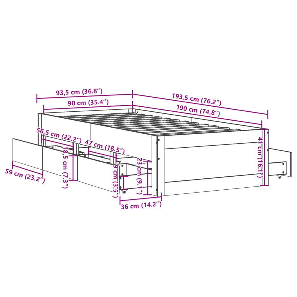 vidaXL Giroletto senza Materasso con Cassetti Bianco 90x190 cm Pino