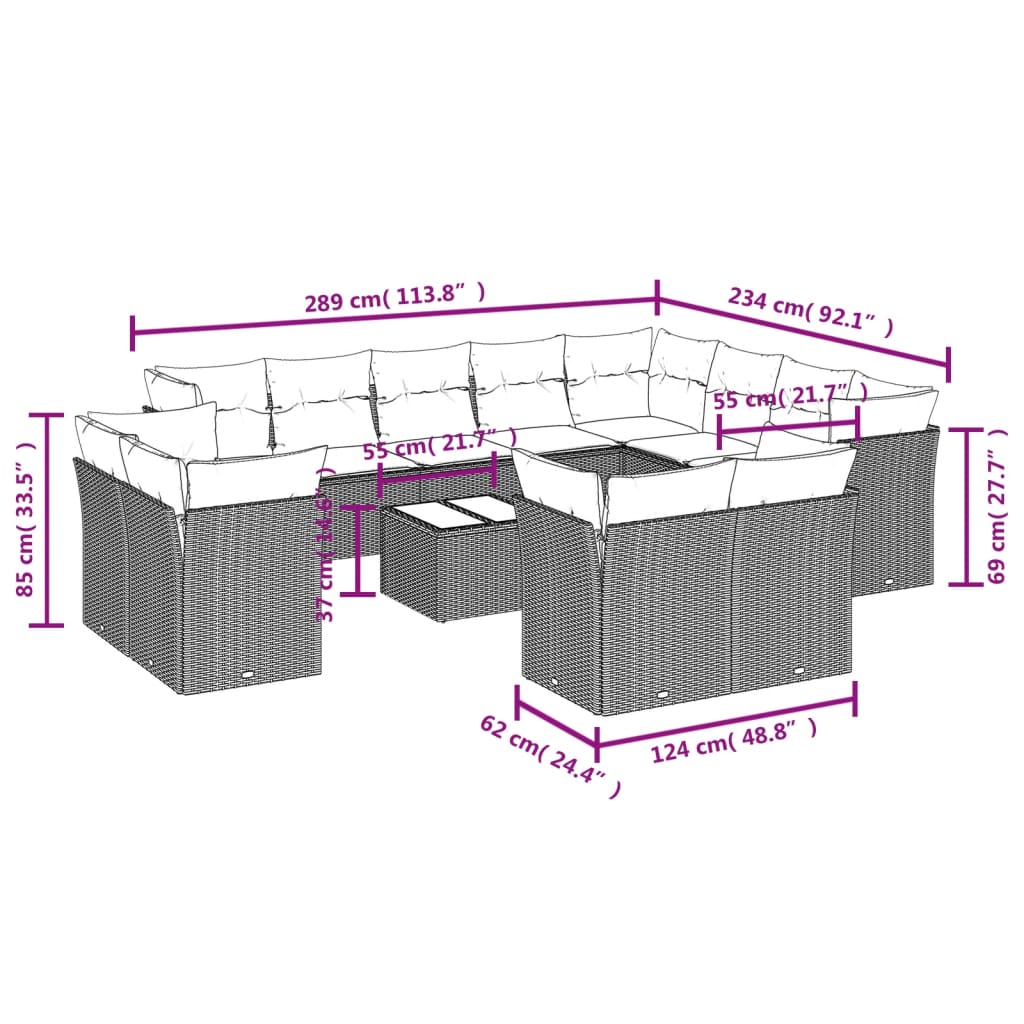 vidaXL Set Divani da Giardino 13 pz con Cuscini Grigio in Polyrattan