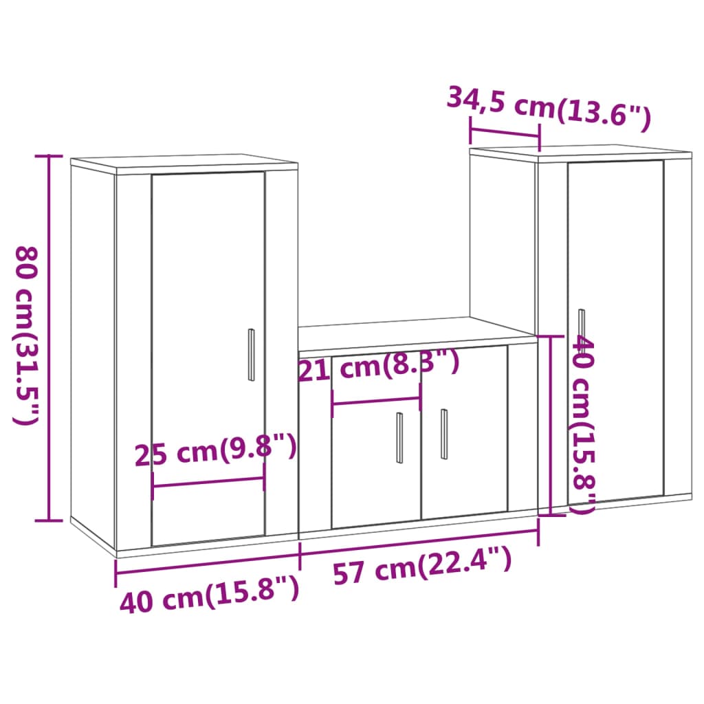 vidaXL Set di Mobili Porta TV 3 pz Rovere Sonoma in Legno Multistrato