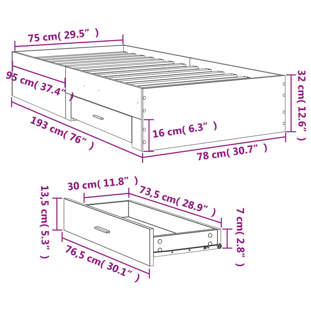 vidaXL Giroletto con Cassetti Bianco 75x190 cm in Legno Multistrato