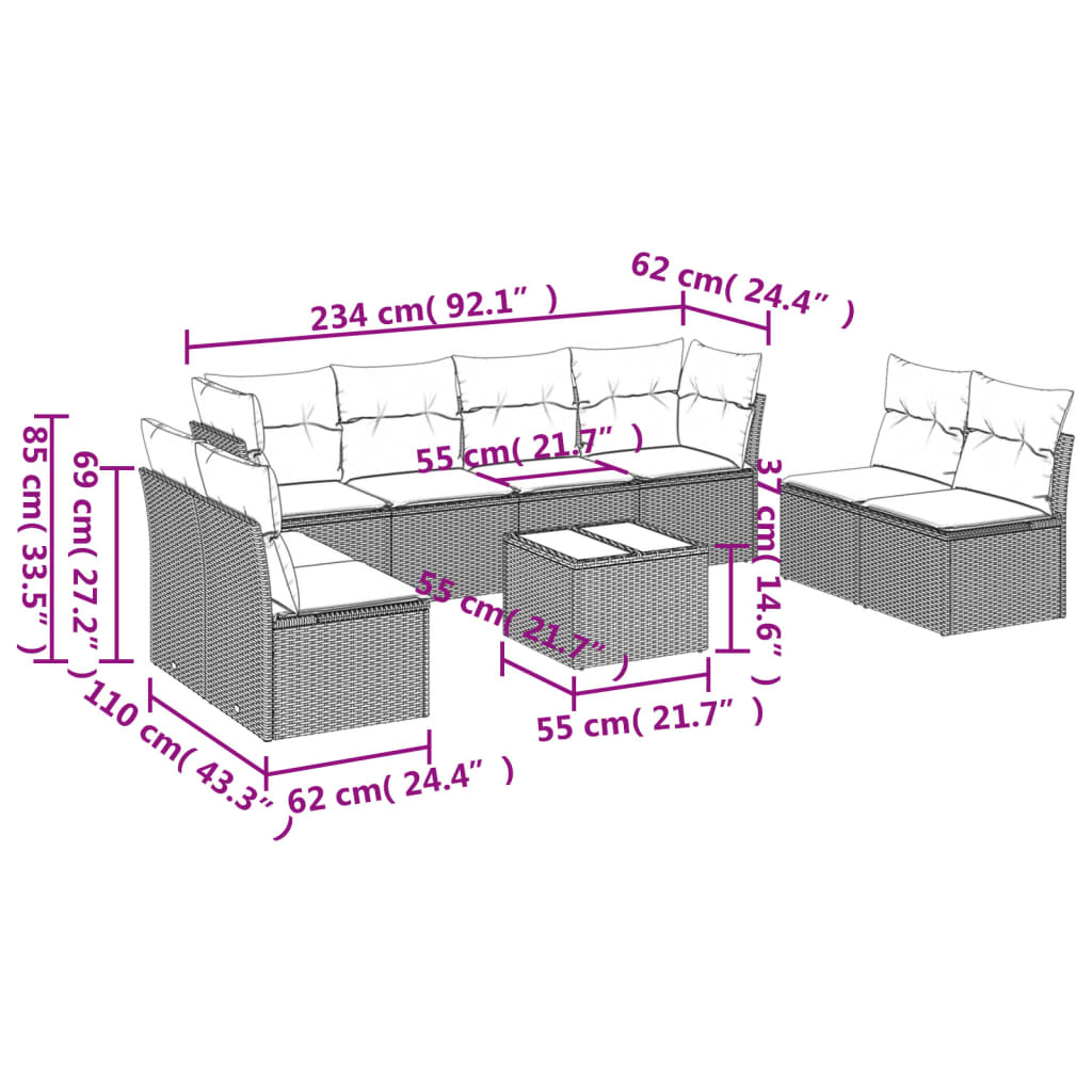 vidaXL Set Divano da Giardino 9 pz con Cuscini Grigio in Polyrattan