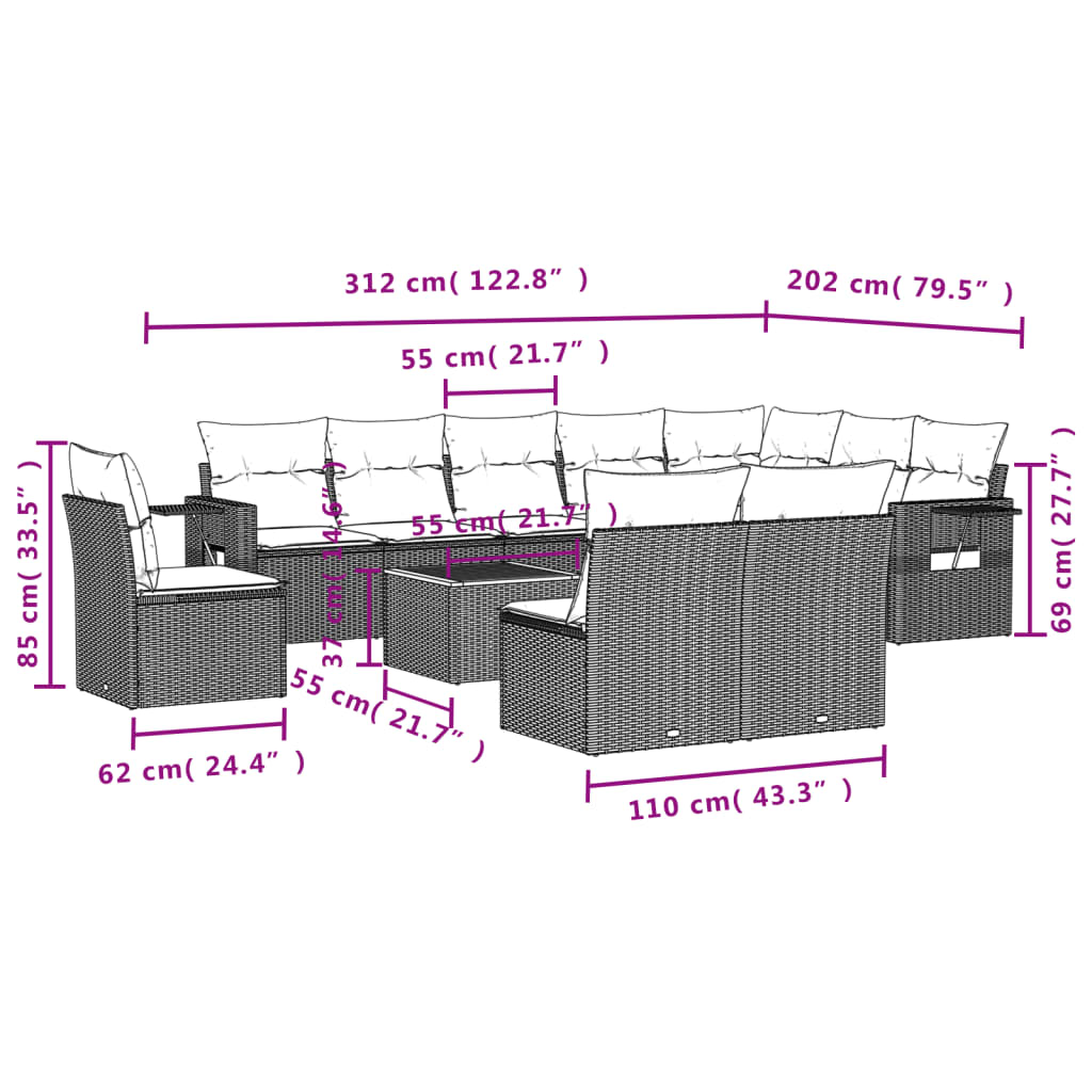 vidaXL Set Divani da Giardino 11 pz con Cuscini in Polyrattan Grigio