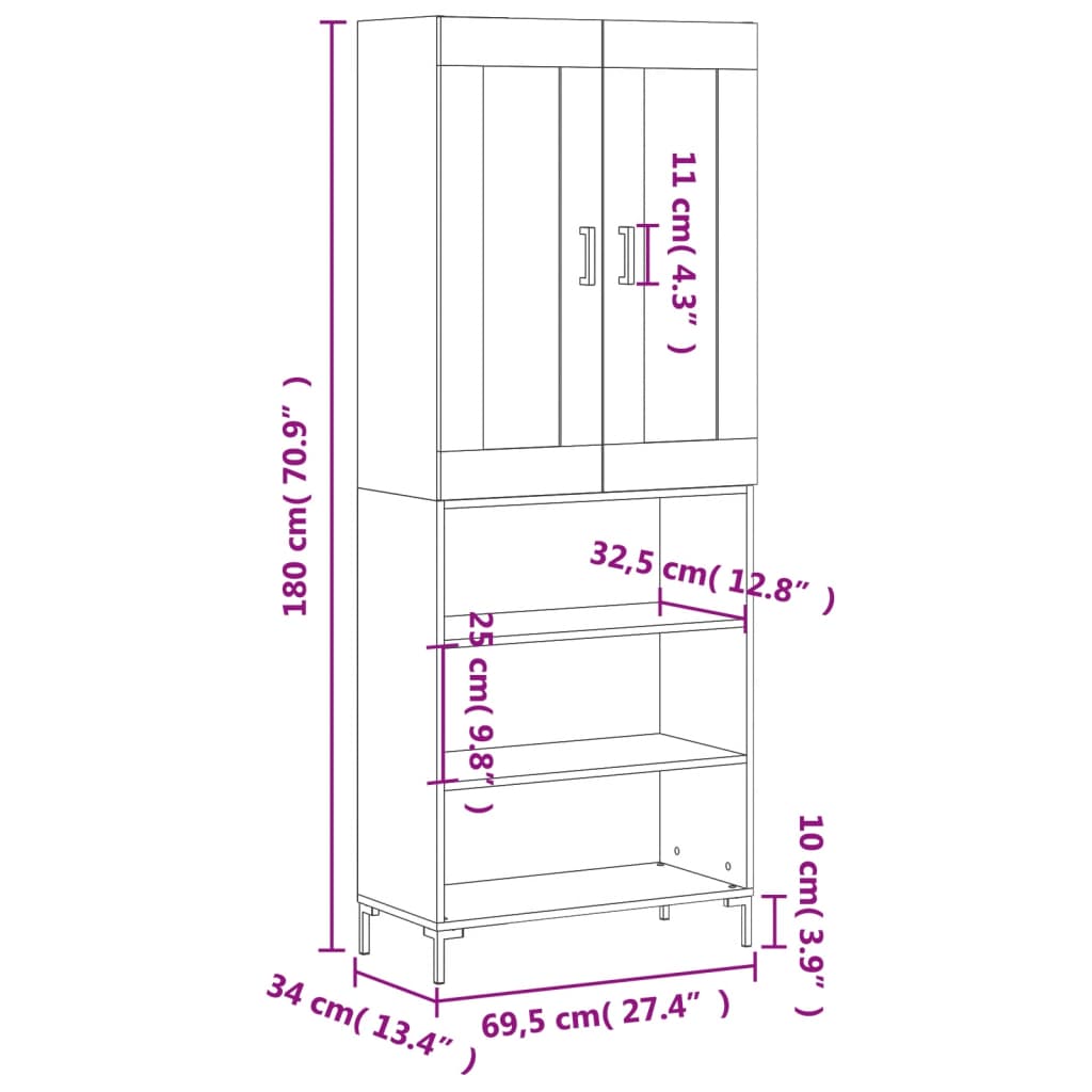 vidaXL Credenza Bianca 69,5x34x180 cm in Legno Multistrato