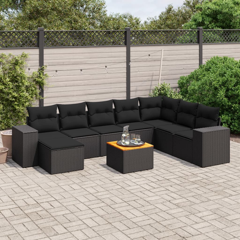 vidaXL Set Divani da Giardino 9 pz con Cuscini Nero in Polyrattan