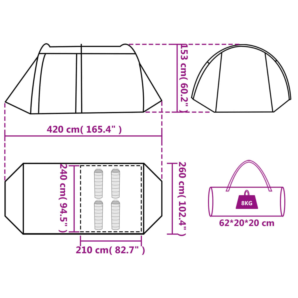 vidaXL Tenda da Campeggio a Tunnel per 4 Persone Grigio e Arancione