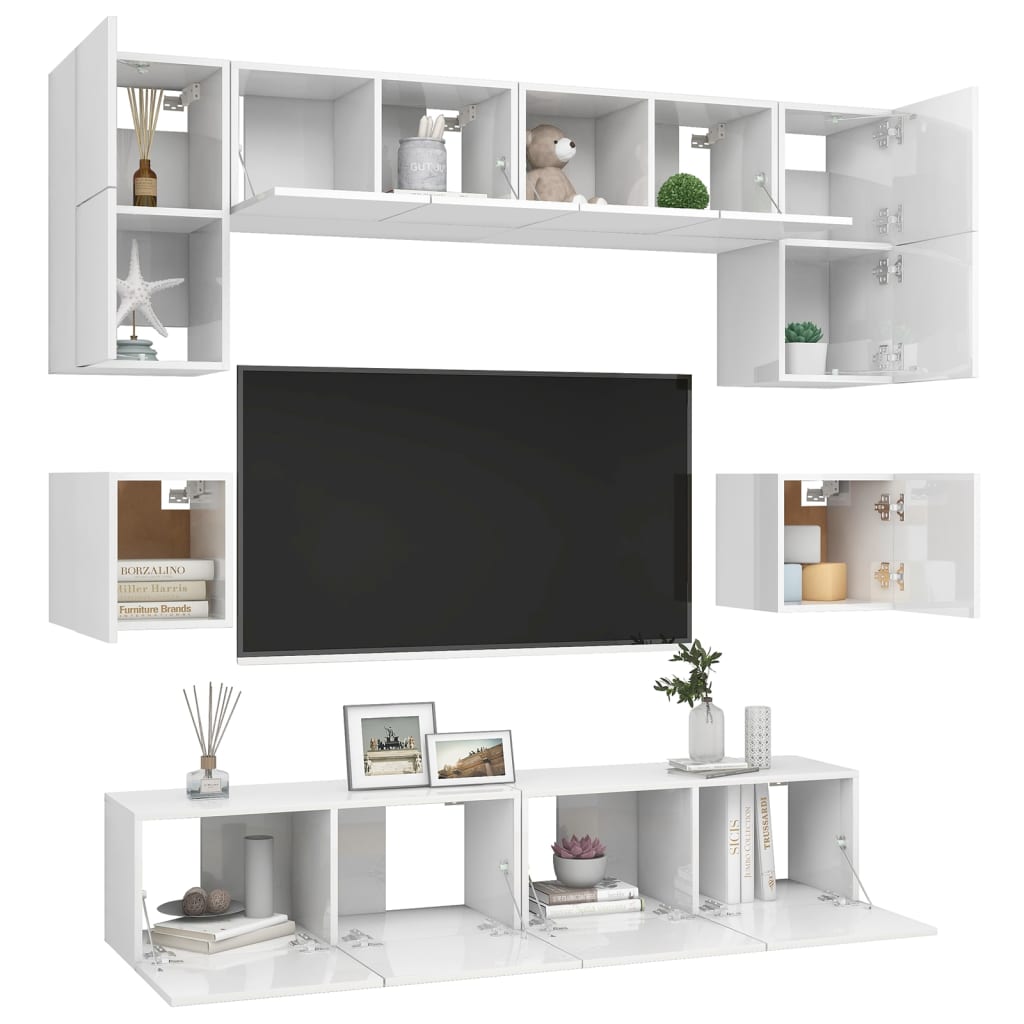 vidaXL Set di Mobili Porta TV 8 pz Bianco Lucido in Legno Multistrato