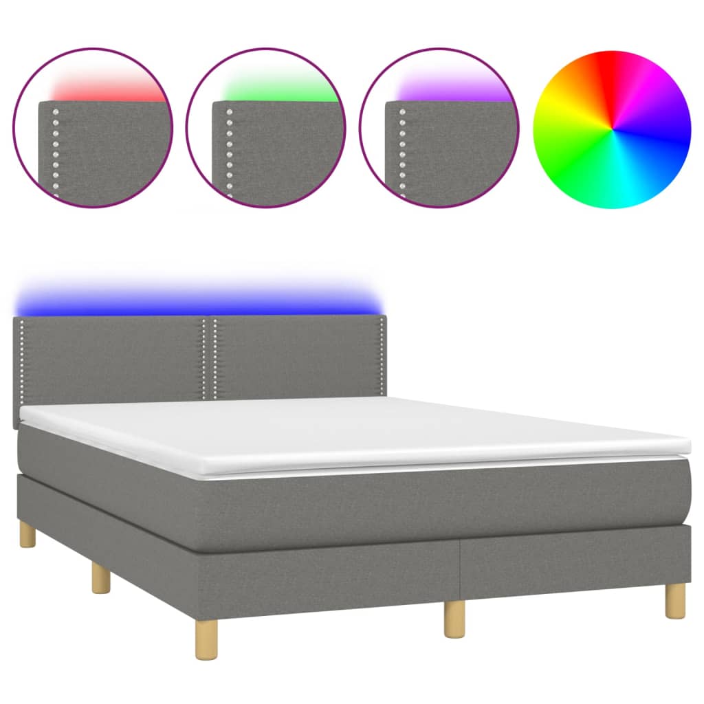 vidaXL Letto a Molle Materasso e LED Grigio Scuro 140x190cm in Tessuto