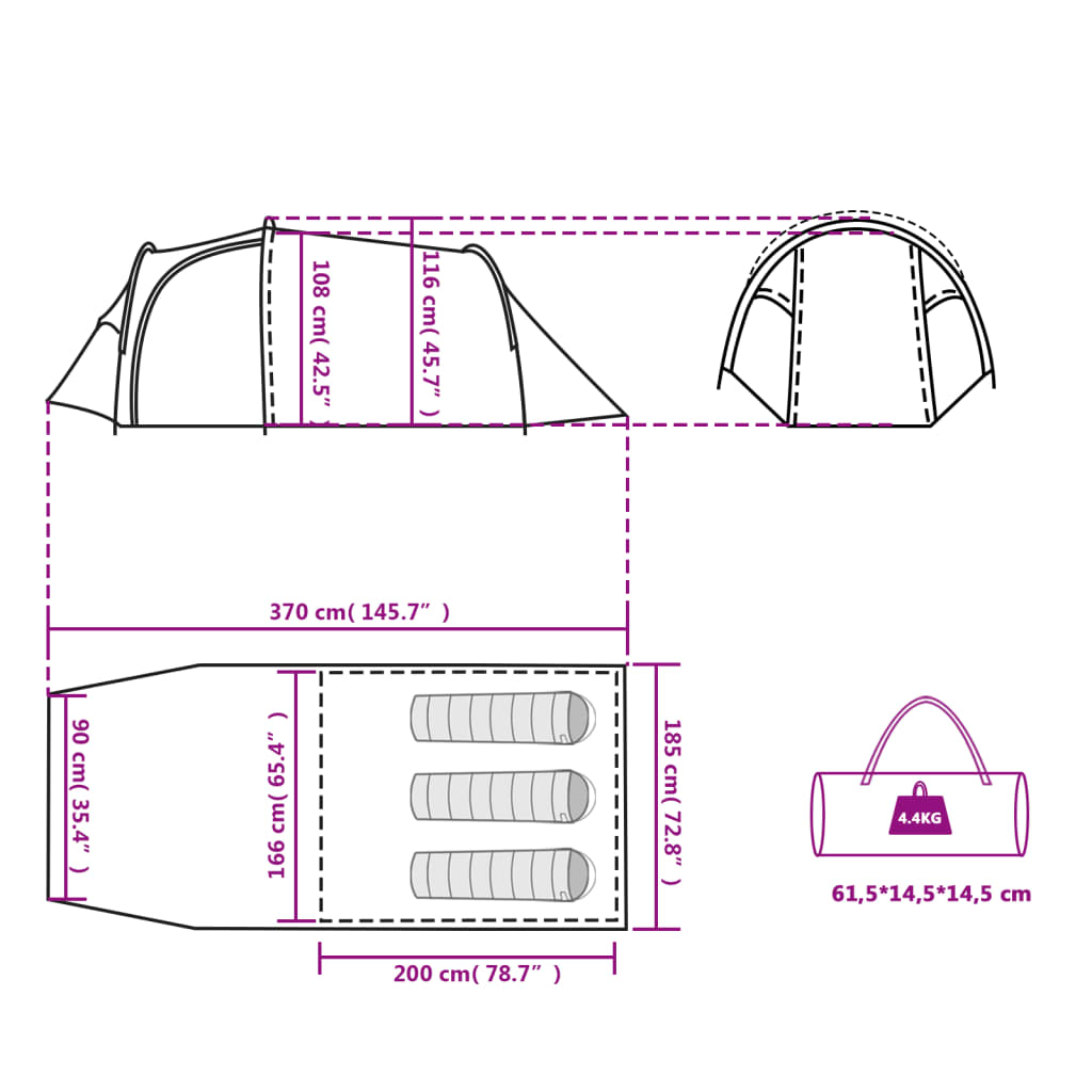 vidaXL Tenda da Campeggio a Tunnel 3 Persone Arancione Impermeabile