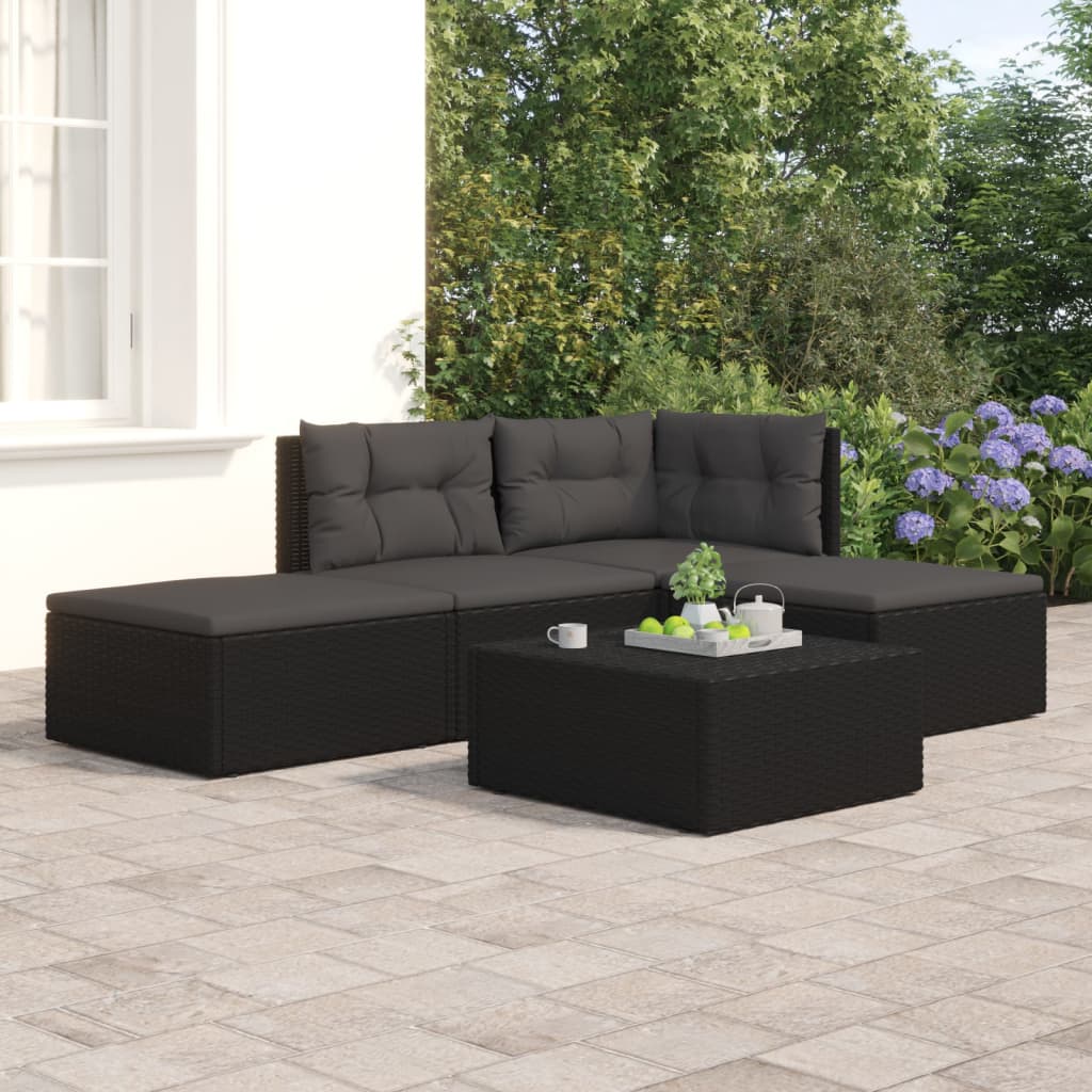 vidaXL Set Divani da Giardino 4 pz con Cuscini Nero in Polyrattan