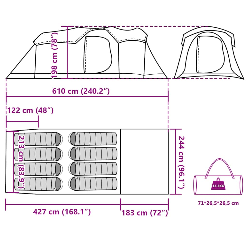 vidaXL Tenda Familiare a Tunnel per 8 Persone Blu Impermeabile