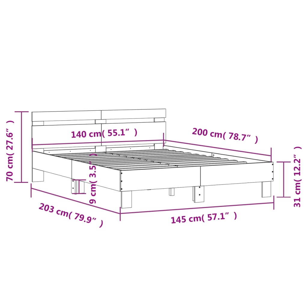 vidaXL Giroletto con Testiera Rovere Fumo 140x200 cm Legno Multistrato