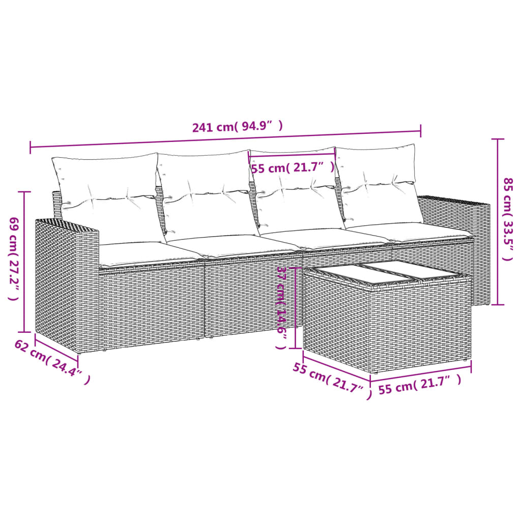 vidaXL Set Divano da Giardino 5 pz con Cuscini Grigio in Polyrattan