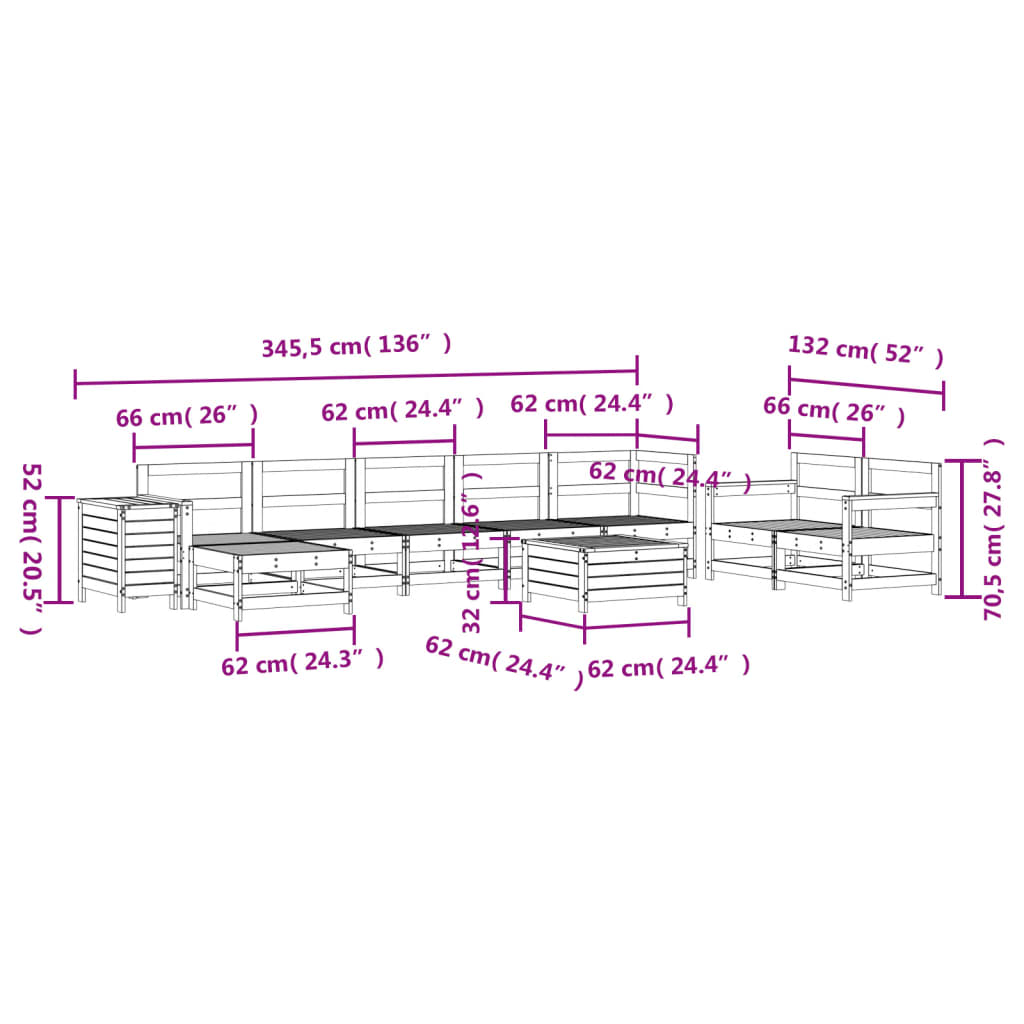 vidaXL Set Divani da Giardino 10 pz Bianco in Legno Massello di Pino
