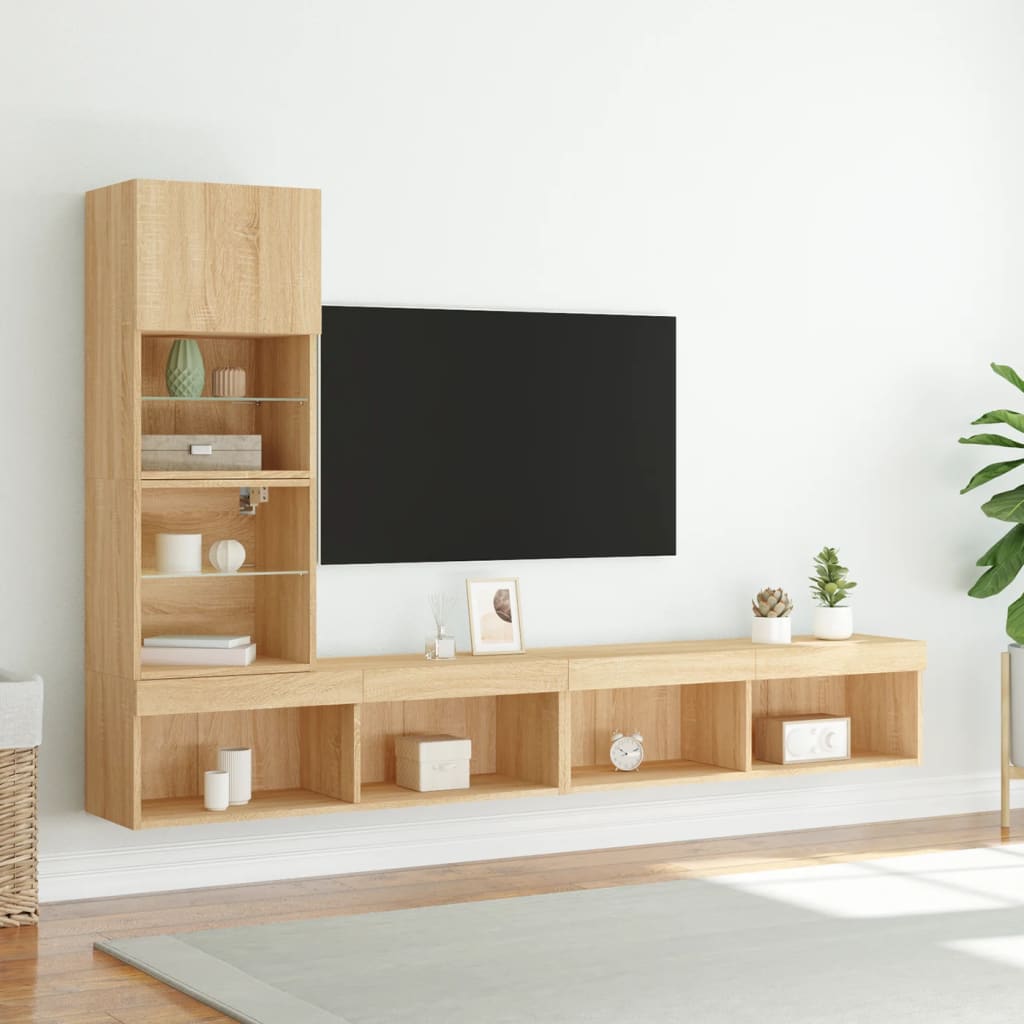 vidaXL Mobili TV a Muro con LED 4pz Rovere Sonoma Legno Multistrato