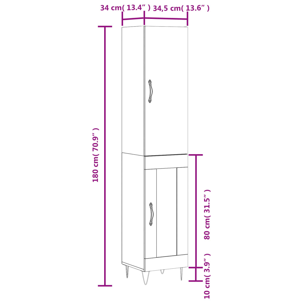 vidaXL Credenza Rovere Fumo 34,5x34x180 cm in Legno Multistrato