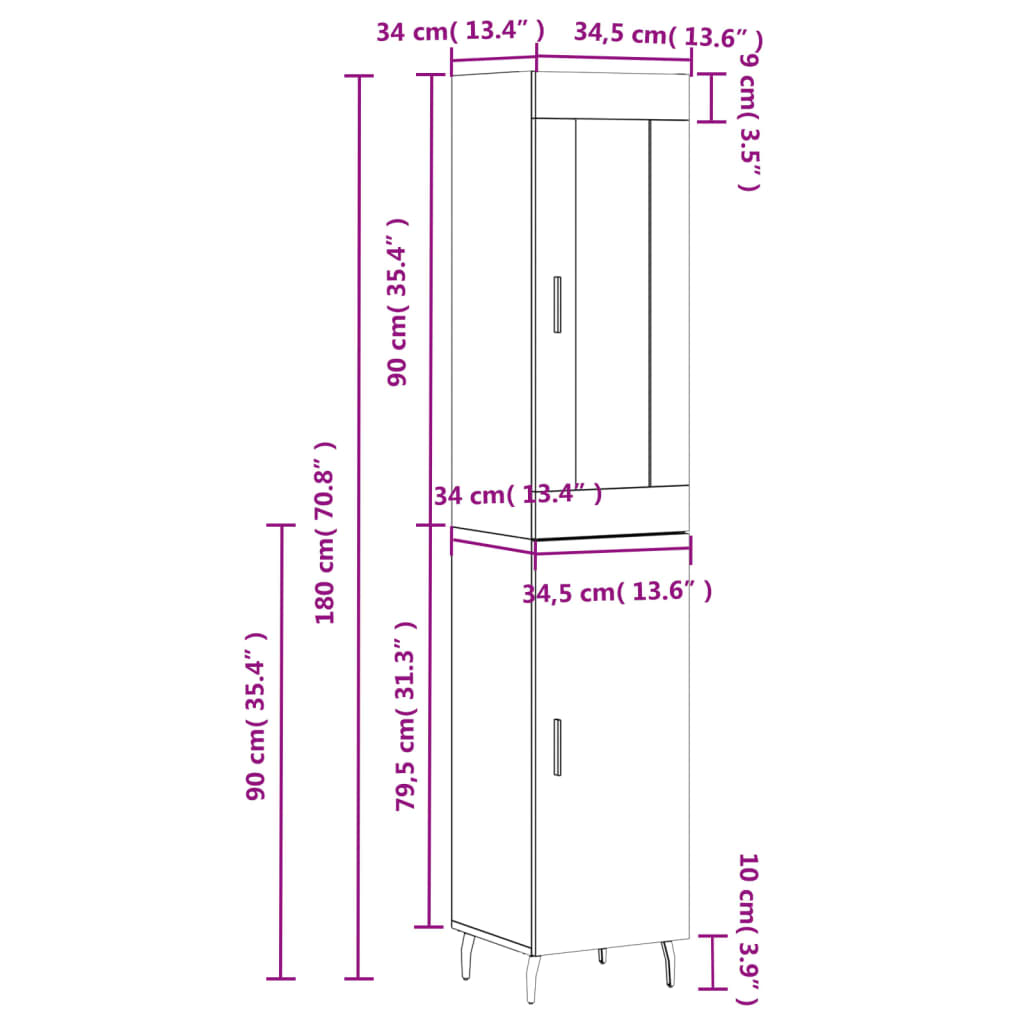 vidaXL Credenza Grigio Sonoma 34,5x34x180 cm in Legno Multistrato