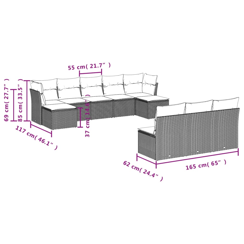 vidaXL Set Divani da Giardino 10pz con Cuscini in Polyrattan Marrone