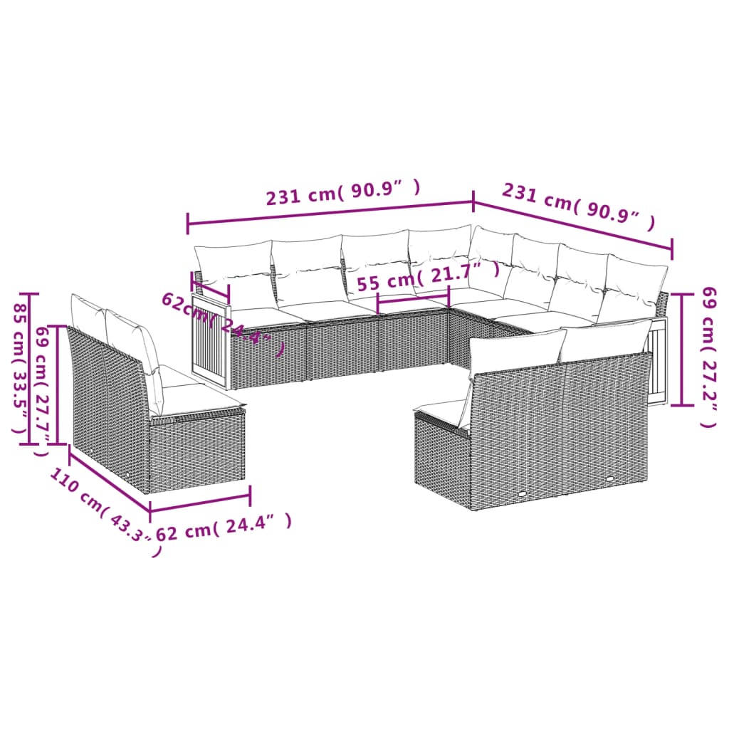 vidaXL Set Divani da Giardino 11 pz con Cuscini Beige in Polyrattan