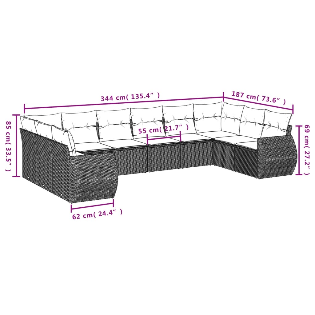 vidaXL Set Divani da Giardino 11 pz con Cuscini in Polyrattan Nero