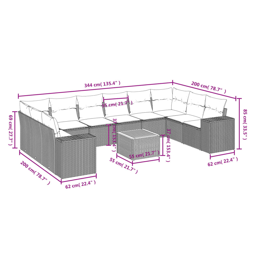 vidaXL Set Divani da Giardino 11 pz con Cuscini in Polyrattan Grigio