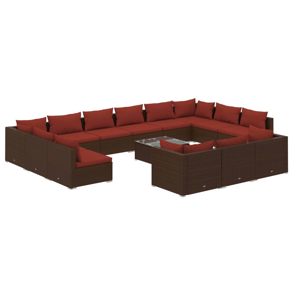 vidaXL Set Divani da Giardino 14 pz con Cuscini in Polyrattan Marrone