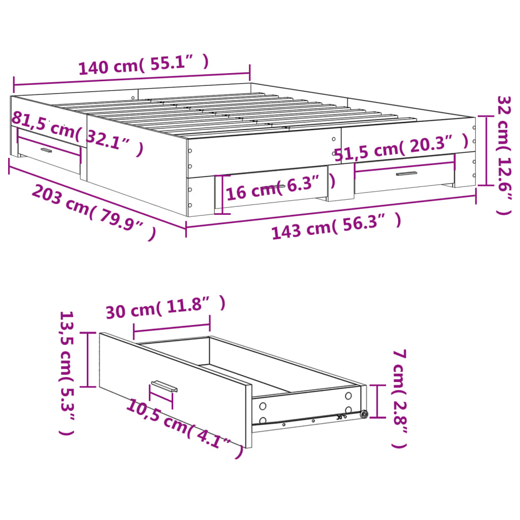 vidaXL Giroletto Cassetti Rovere Sonoma 140x200 cm Legno Multistrato