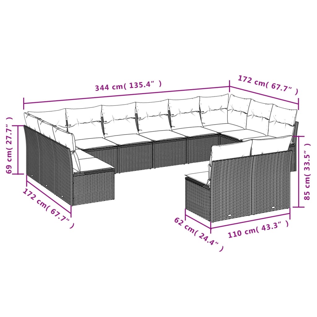 vidaXL Set Divani da Giardino 12 pz con Cuscini Marrone in Polyrattan