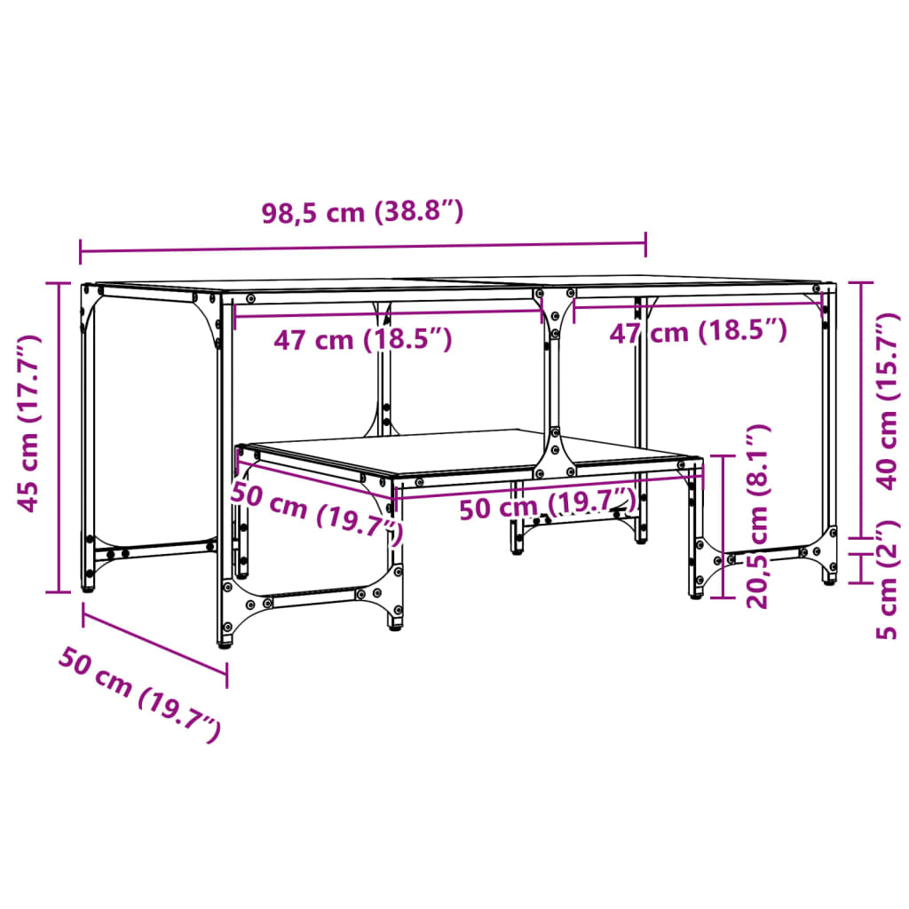 vidaXL Tavolini con Piano Vetro Trasparente 2 pz 98,5x50x45 cm Acciaio